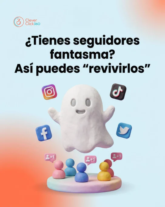 Fantasma sonriente con iconos de Instagram, TikTok, Facebook y Twitter sobre avatares pequeños, sugiriendo reactivar seguidores fantasma.