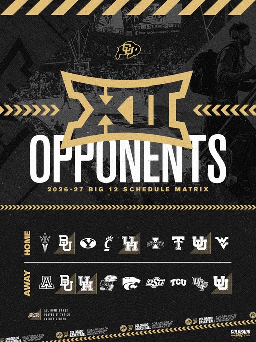 Big 12 opponents 2026-27 
Home: Arizona State, Baylor, BYU, Cincinnati, Houston, Iowa State, Texas Tech, Utah, West Virginia 
Away: Arizona, Baylor, Houston, Kansas, Kansas State, Oklahoma State, TCU, UCF, Utah 