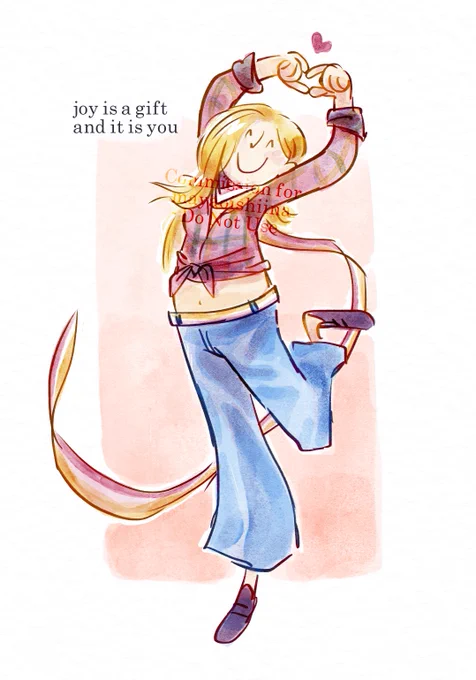 Digital watercolour illustration of the commissioner, Maya. She has long blonde hair, and a plaid croptop-like shirt tied at the waist showing her midriff. She wears jeans tied up by a lesbian flag-coloured belt. Maya is wearing dark-coloured sneakers, and a long thin scarf adorned with the colours of the lesbian pride flag. Her eyes are closed, arms raised behind her head with her fingers forming the shape of a heart. One leg is raised in the air in joy. Text to the top left of the image reads, "joy is a gift, and it is you".
