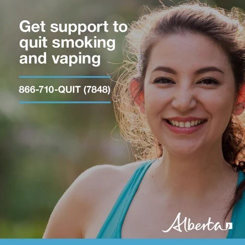 Person out in the fresh air smiles. Text reads: Get support to quit smoking and vaping. 866-710-QUIT (7848). Alberta Logo is in bottom right corner. 