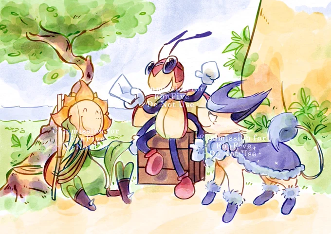 Digital watercolour illustration of three Pokémon - Sunflora, Ledian, and Delcatty - sat just shy of a Pelipper mail station. Sunflora sits on the floor in front of a tree and a secondary stump, holding one leaf-hand to their face. They wear a Sunkern-like backpack with a standing stick attached to the side, vine rope slung around the left shoulder, and a foot accessory with a spike at the heel to keep them rooted into the ground. Their front-most petals are lightly painted red at the petals' taper. The Ledian sits on a wooden box, holding a letter in their topmost right hand, their topmost left raised in the air. They wear dark-lensed goggles, and their face pattern takes the slight shape of a star. The Delcatty on the far end has more blue than purple in its design, wearing a soft winter shawl on the back, and fluffy boots on their paws. Delcatty's neck ruff is also noticeably fluffier, and the fluff above their eyes bears a slight moon pattern. They all look happy.