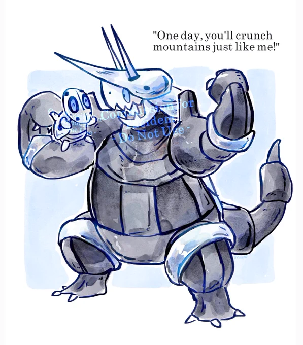 Digital watercolour illustration of the Pokémon, Aron and Aggron. Aggron is stood proudly, flexing both of its arms. On its right arm sits an Aron, young and eagerly trying to replicate the same pose as Aggron. The two are smiling at eachother, Aggron's mouth open in joy. In the top right of the image there is text that reads - from Aggron - "One day, you'll crunch mountains just like me!"