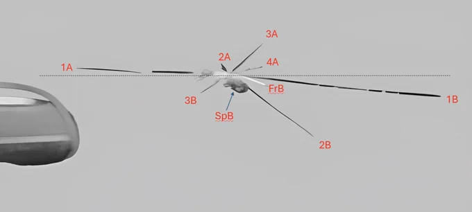 Proposed nomenclature for the JFK Limo windshield spider crack and spalling damage by the author.