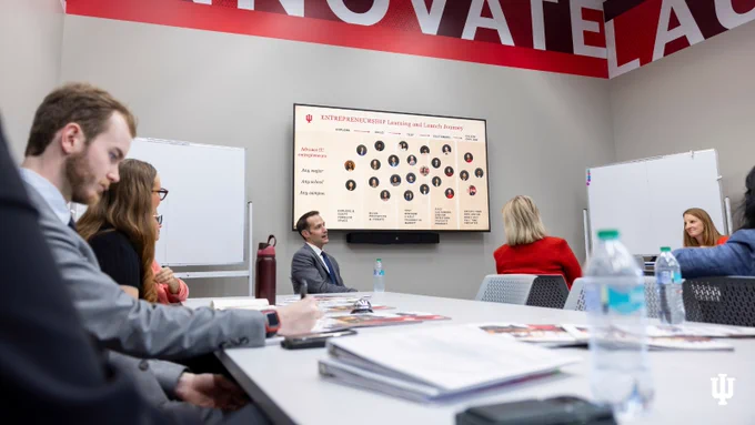 A group of people are seated around a conference table in a modern meeting room. On the wall, there's a presentation titled "Entrepreneurship: Learning and Launch Strategy" featuring profiles and data points. The room features bright lighting and a red theme with the word "INNOVATE" prominently displayed. Some participants are taking notes, while others are listening attentively. The logo of Indiana University is visible in the image.