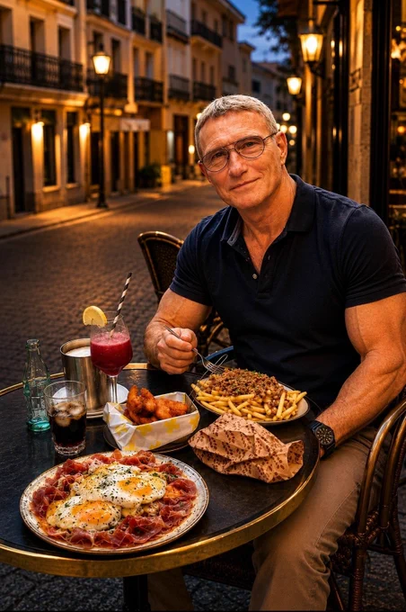 Un homme de 63 ans assis à la terrasse d’un restaurant en soirée, repas convivial devant lui, ambiance chaleureuse et détendue, illustrant l’équilibre entre discipline sportive et plaisir de vivre.

