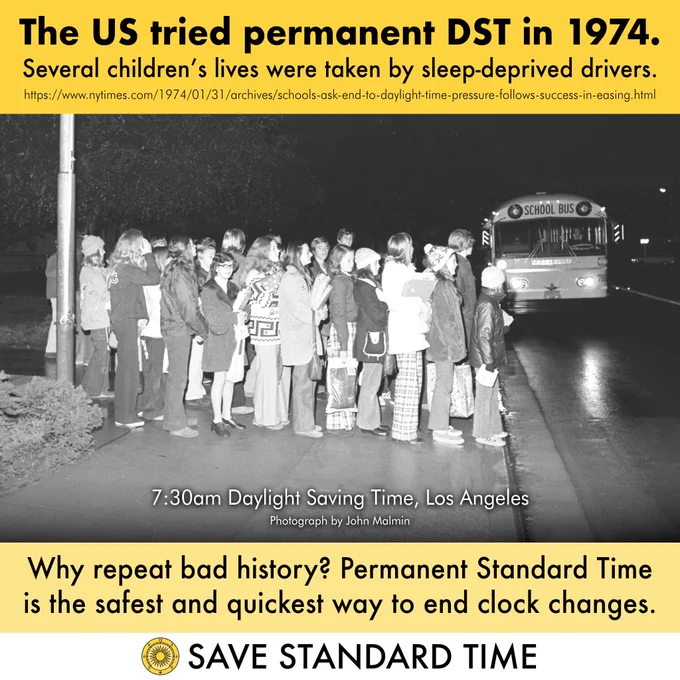 Photograph from 1974, taken at 7:30am during permanent Daylight Saving Time, in Los Angeles. Many children board a school bus under a pitch-black sky.