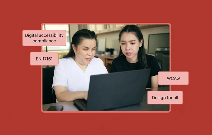 Two individuals working at a laptop, one is blind. There are four callout boxes with the text: Digital accessibility compliance, EN 17161, WCAG, and design for all.