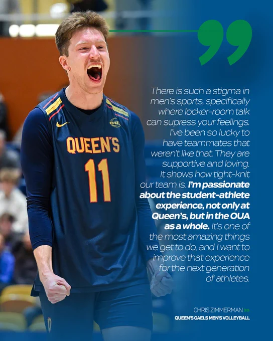 Graphic on predominantly blue background featuring a photo of Chris Zimmerman from the Queen’s Gaels men’s volleyball team with a quote from him with his name below. Large green quotes mark the quote at the top and bottom of the quote. 