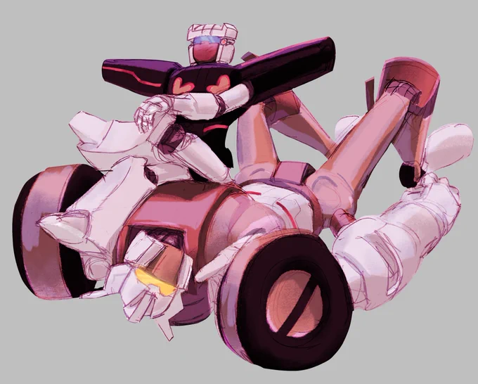 chromedome lays on the ground, confused and seemingly having been toppled over, as rewind sits primly on his chest, legs crossed