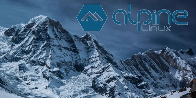 Snow-capped mountains dominate the scene, with the Alpine Linux logo prominently displayed in the foreground.