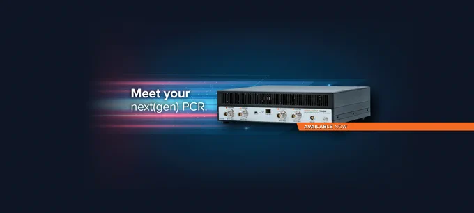 A Signal Hound PCR4200 is featured against a dark blue background with streaming digital graphics. Text reads, "Meet your next(gen) PCR." An orange tab states, "AVAILABLE NOW.