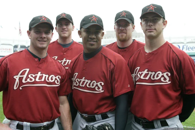 From left, Houston pitchers Billy Wagner, Brad Lidge, Octavio Dotel, Peter Munro and Kirk Saarloos wearing brick red Astros jerseys. (Rich Pilling/MLB Photos)