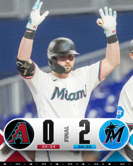 Final Score Graphic: 6/11/26
Arizona Diamondbacks 0 (34-34), Miami Marlins 2 (34-35)
Pictured: Liam Hicks raises his arms in the air at first base after hitting a single. He’s wearing a white Marlins uniform with black, teal and orange lettering and a black Marlins helmet.