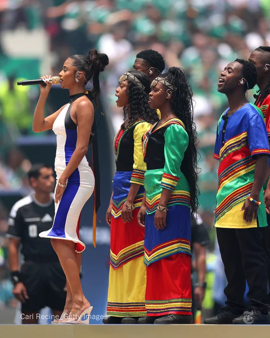 Tyla sings the South African national anthem before the FIFA World Cup begins.
