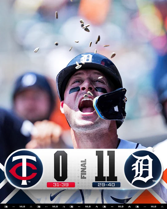 Final Score Graphic 6/11/26
Minnesota Twins 0 (31-39), Detroit Tigers 11 (29-40)

Pictured: Spencer Torkelson celebrates in the Tigers dugout by attempting to catch sunflower seeds thrown in the air by his teammates. He is wearing a white Tigers uniform and a dark blue batting helmet.
