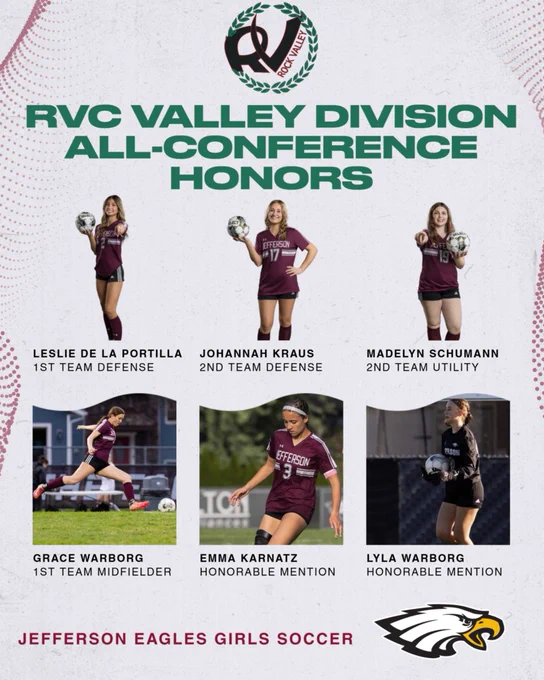 An infographic graphic celebrating the Rock Valley Conference (RVC) Valley Division All-Conference Honors for the Jefferson Eagles Girls Soccer team. At the top is the Rock Valley Conference logo, followed by the text "RVC VALLEY DIVISION ALL-CONFERENCE HONORS" in large green font.

The middle of the image features photos and names of six student-athletes arranged in two rows of three:

Top Row (Studio portraits of players in maroon Jefferson jerseys holding soccer balls):

Leslie De La Portilla – 1st Team Defense

Johannah Kraus – 2nd Team Defense

Madelyn Schumann – 2nd Team Utility

Bottom Row (Action shots of players on the field):

Grace Warborg – 1st Team Midfielder (shown kicking a soccer ball)

Emma Karnatz – Honorable Mention (shown kicking a soccer ball)

Lyla Warborg – Honorable Mention (shown in a black goalkeeper jersey holding a soccer ball)

At the bottom left, the text "JEFFERSON EAGLES GIRLS SOCCER" is written in maroon, next to the Jefferson Eagle logo.