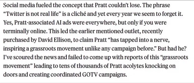 "Excerpt from the Rolling Stone article. It reads: 'Social media fueled the concept that Pratt couldn't lose. The phrase Twitter is not real life is a cliché and yet every year we seem to forget it. Yes, Pratt-associated AI ads were everywhere, but only if you were terminally online.'