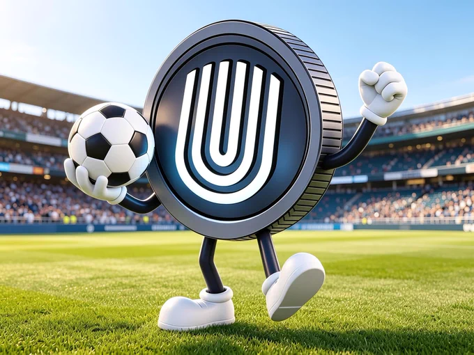 A 3D animated Unetwork coin mascot stands on a football pitch inside a packed stadium, holding a soccer ball and raising a fist in celebration as the FIFA World Cup 2026 begins. The black and silver Unetwork token character is positioned on bright green grass with cheering fans and stadium seating blurred in the background, symbolizing global connection, community, communication, and international unity through sport. The image celebrates football fans, nations, and cultures coming together for the world's biggest sporting event while reflecting Unetwork's mission of connecting people across countries and continents. World Cup 2026, football, soccer, global community, digital network, telecommunications, connectivity, international communication, fan engagement, sports celebration, worldwide audience, blockchain community, Web3 network, UNO, ULO, global participation, tournament kickoff, football supporters, national pride, connected world.