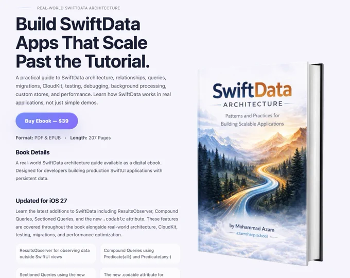 🎉 SwiftData Architecture Book is now Available! 

Includes iOS 27 Features. 

https://azamsharp.school/swiftdata-architecture.html

#iosdev #swiftdata #swiftui 