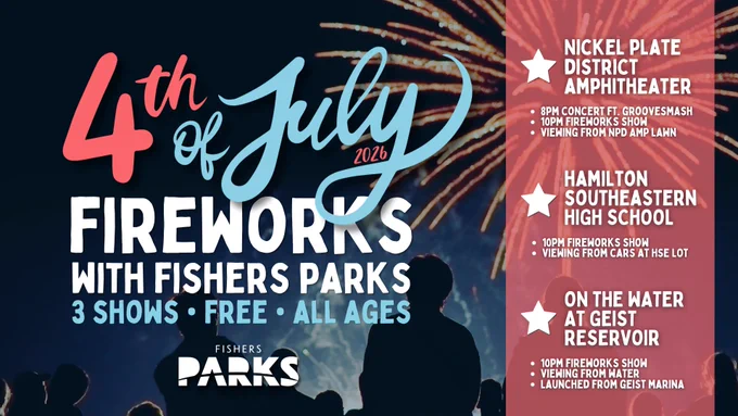 Poster for a 4th of July 2026 event with Fishers Parks. It features a fireworks display and lists three show locations: Nickel Plate District Amphitheater, Hamilton Southeastern High School, and on the water at Geist Reservoir. Shows are free and suitable for all ages. Includes event details and times.
