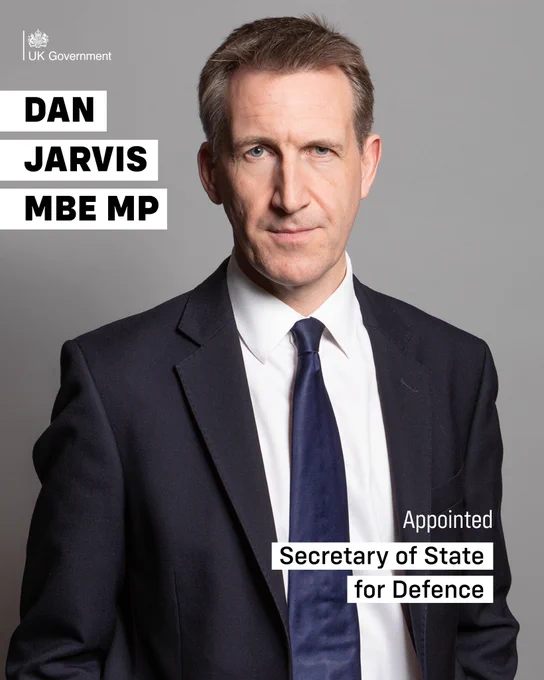 Graphic shows photo of Dan Jarvis with the copy over the top saying Dan Jarvis MBE MP Appointed Secretary of State for Defence.