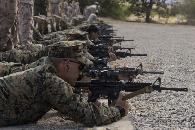 Midshipmen fire M4 carbines during Fleet Marine Force training\u202Fat Range 300 at Marine Corps Base Camp Pendleton, California, May 29, 2026. FMF training is a month-long specialized summer program for Marine Option midshipmen, where they engage with key elements of the Marine Air Ground Task Force. Their training includes live-fire ranges, Infantry Immersion Training, land navigation, and exposure to various Military Occupational Specialties. (U.S. Marine Corps photo by Lance Cpl. Mia Ocampo)\n\n