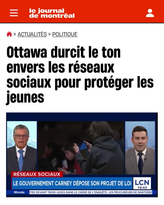 Saisie d’écran d’un article du Journal de Montréal dont le titre est : Ottawa durcit le ton envers les réseaux sociaux pour protéger les jeunes.