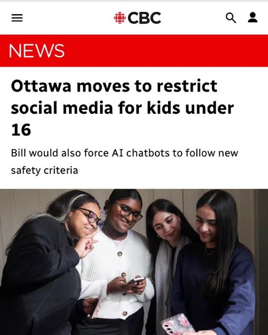Screenshot of an article from CBC News. The headline reads: Ottawa moves to restrict social media for kids under 16.