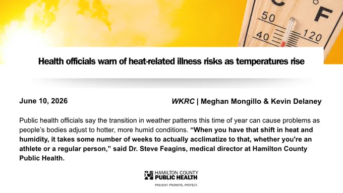 A news article titled "Health officials warn of heat-related illness risks as temperatures rise."