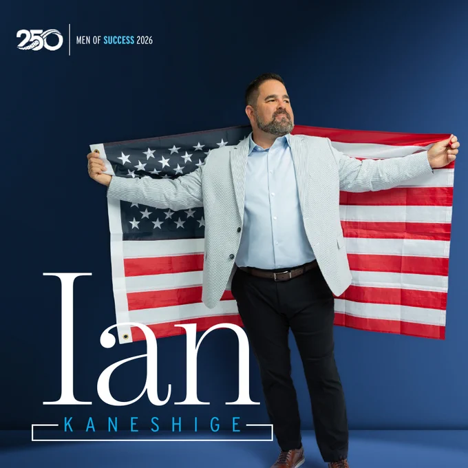A man confidently holds an American flag with 'Men of Success 2026' text overlay. The image conveys a sense of pride and accomplishment.