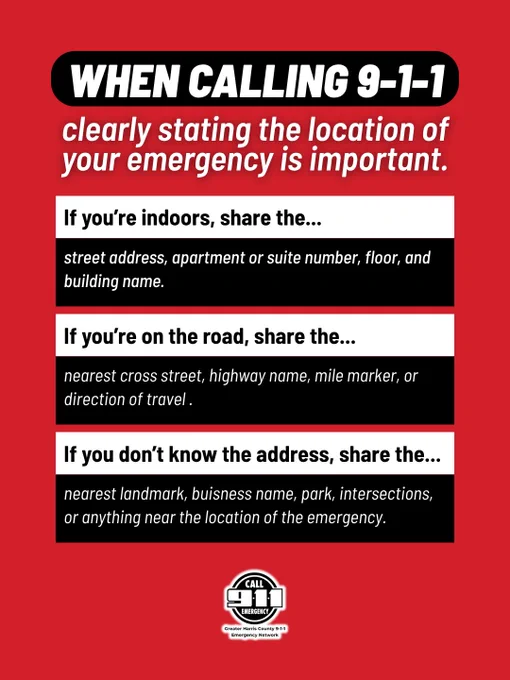 Instructions for calling 9-1-1 emphasizing the importance of clearly stating your emergency location indoors, on the road, or when unsure of the address.