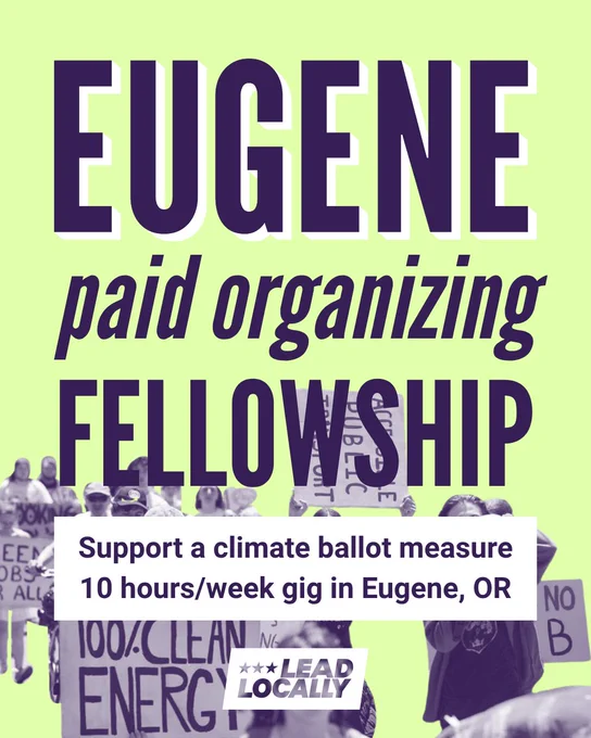 A bright green graphic with people protesting on it