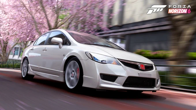 A white Honda sports car speeds down a city street lined with cherry blossom trees. The "Forza Horizon 6" logo is visible in the top right corner.