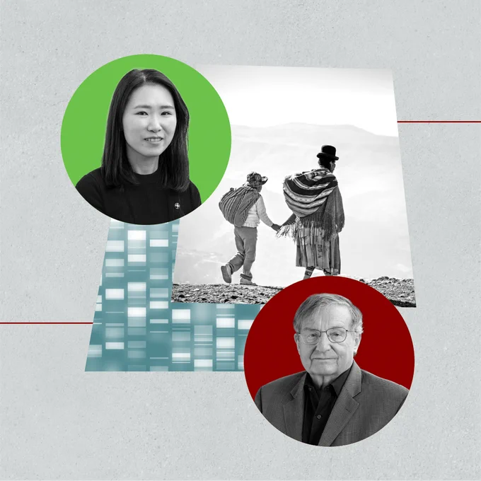 The image features two portraits: one person is in a green circle, the other in a red circle. Between them is a black and white photo of two individuals walking on a path with scenic mountains in the background. The design includes abstract geometric shapes.