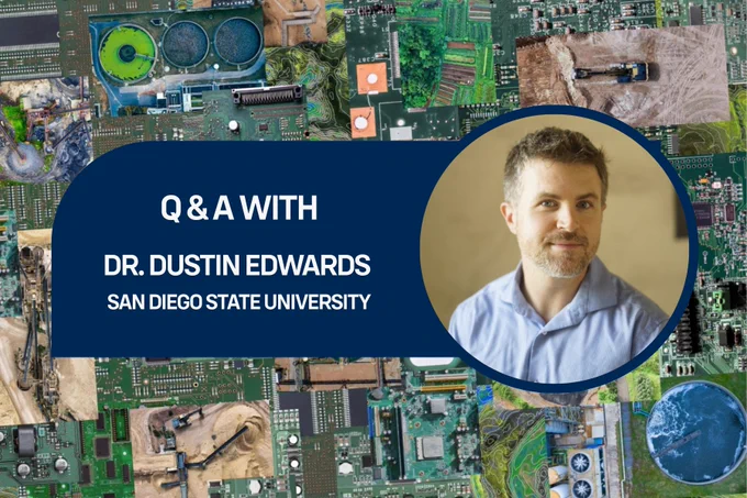 Q&A article announcement featuring Dr. Dustin Edwards from San Diego State University with a background of aerial landscape and circuit board imagery.