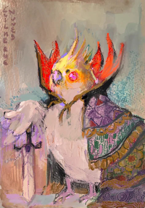 Painting of a cockatiel warrior wielding a sword, wearing a cloak with patchwork patterned fabrics and a pointed collar resembling vampire teeth.