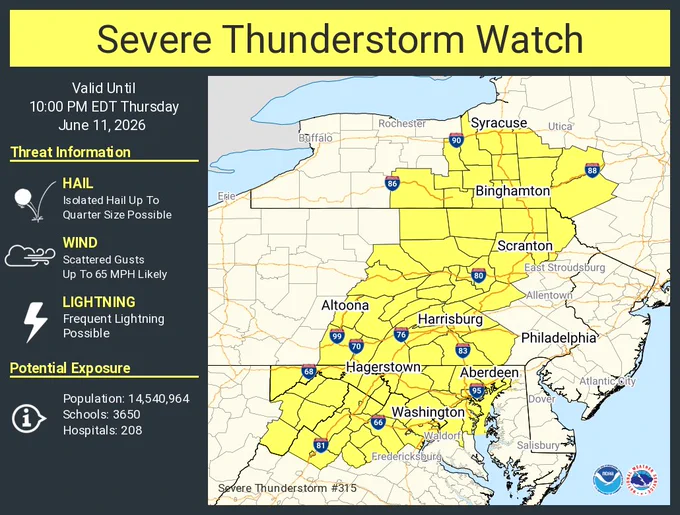 This graphic displays Severe Thunderstorm watch number 315 plotted on a map. The watch is in effect until 10:00 PM EDT. The watch includes parts of District of Columbia, Maryland, New York, Pennsylvania, Virginia and West Virginia. The threats associated with this watch are no tornadoes expected, isolated hail up to quarter size possible and scattered gusts up to 65 mph likely. There are 14,540,964 people in the watch along with 3650 schools and 208 hospitals.