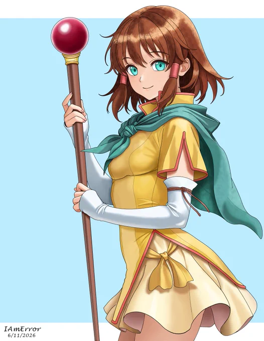 Mist from Fire Emblem: Path of Radiance. She is holding a healing staff while turning to look at the viewer.