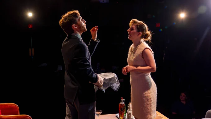 Jacob Schorsch and Abby Bernesky talk to each other on stage