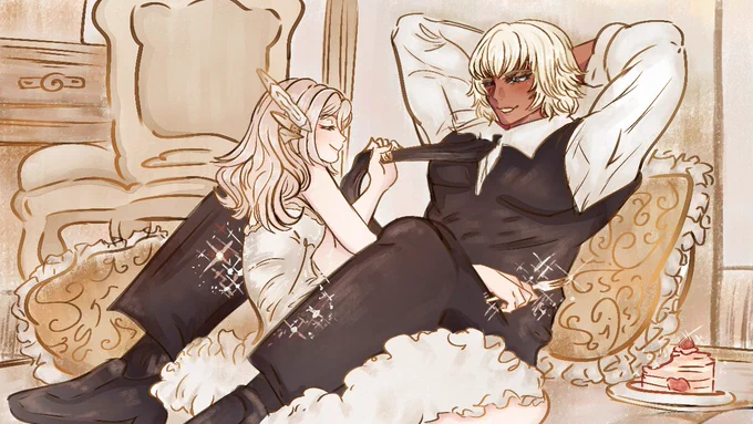 A redraw of scene within Veil by _K0TTERl_ of Emma and Aleksander as Mirabilis and Yelv Xenoblade X. Mimi is ever-so tugging on Yelv's tie as the couple reclines against pillows on the ground, sharing bites of cake.