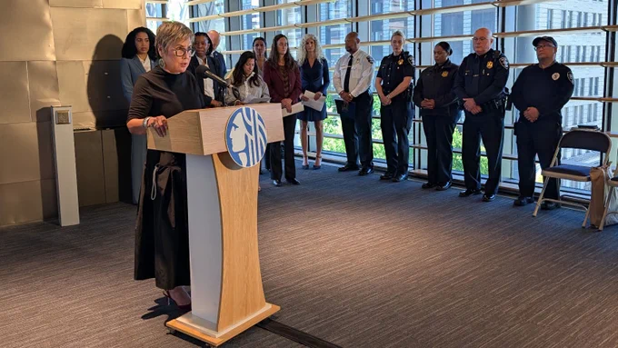 Seattle City Councilmember Debora Juarez addresses the media and community during a press conference. The press conference detailed local efforts to combat violence on North Aurora.