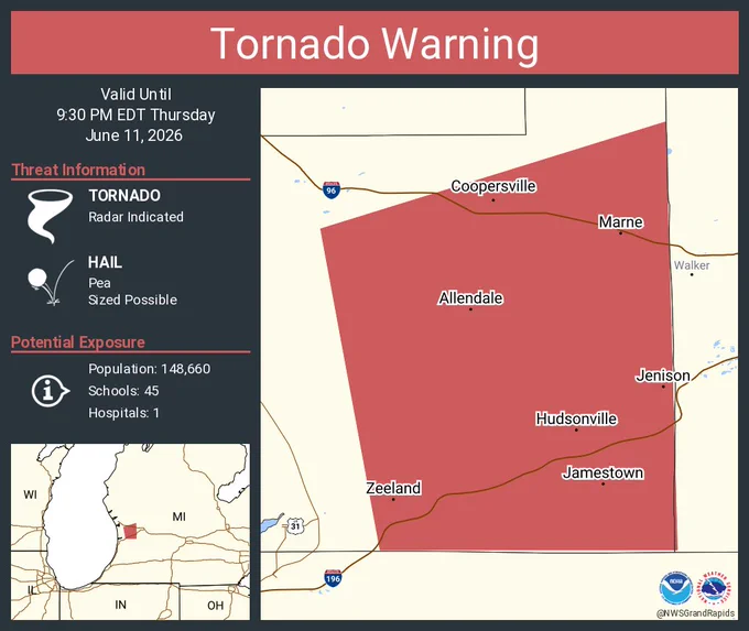 This graphic displays a tornado warning plotted on a map. The warning is in effect until 9:30 PM EDT. The warning includes Allendale MI, Jenison MI and Hudsonville MI.  This warning is for Southeastern Ottawa County. The threats associated with this warning are a radar indicated tornado and pea sized hail. There are 148,660 people in the warning along with 45 schools and 1 hospital.