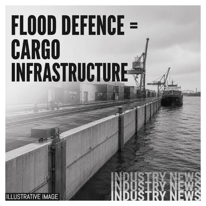Illustrative image showing a monochrome inland cargo port beside a high river, with flood-defence barriers protecting quay, rail and cargo-handling infrastructure. Large overlay text reads: “FLOOD DEFENCE = CARGO INFRASTRUCTURE”.