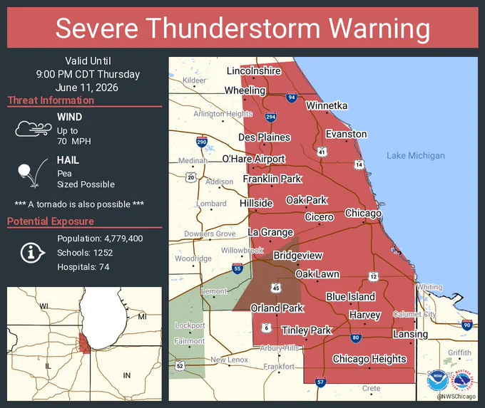 This graphic displays a severe thunderstorm warning plotted on a map. The warning is in effect until 9:00 PM CDT. The warning includes Chicago IL, Cicero IL and Evanston IL.  This warning is for Southeastern Lake County in northeastern Illinois and Cook County in northeastern Illinois. The threats associated with this warning are wind gusts up to 70 MPH and pea sized hail. There are 4,779,400 people in the warning along with 1252 schools and 74 hospitals.