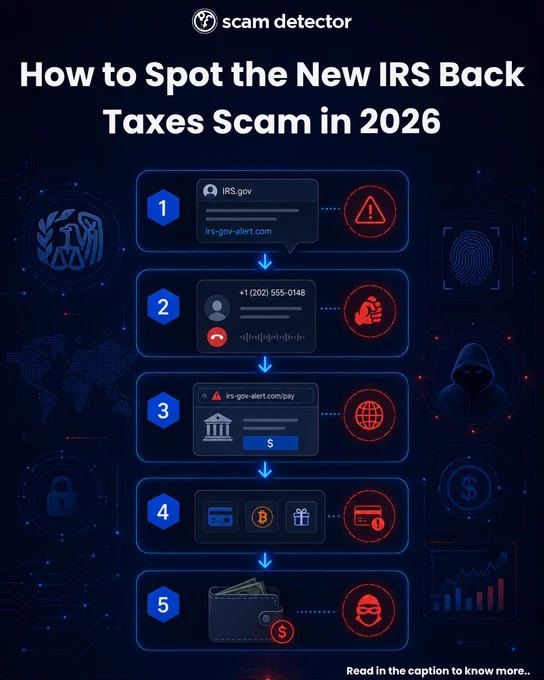 A dark blue Scam Detector infographic outlines how to identify an IRS back taxes scam in 2026. Five connected panels illustrate fake IRS messages, suspicious phone calls, fraudulent payment websites, unusual payment methods, and financial theft, using red warning icons and cybersecurity-themed graphics. The overall tone is urgent, educational, and focused on fraud prevention.