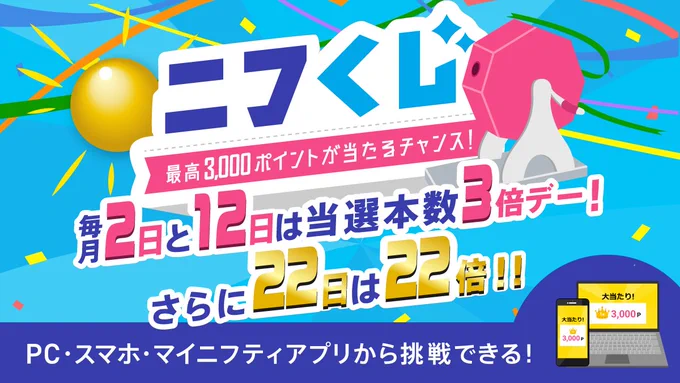 ニフくじ告知バナー。今月2日と12日は当選本数3倍、さらに22日は22倍！最高3,000ポイント当たるくじ引きイラスト