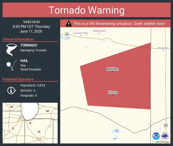 This graphic displays a tornado warning plotted on a map. The warning is in effect until 8:30 PM CDT. The warning includes Kouts IN and Malden IN.  This warning is for North Central Jasper County Is Cancelled. The threats associated with this warning are a observed tornado and pea sized hail. There are 5,854 people in the warning along with 4 schools and 0 hospitals.