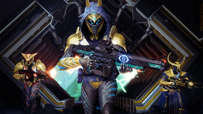 Three guardians in Trials of Osiris gear in a corridor. The central figure in blue and gold armor stands prominently in front, while two similarly styled figures flank them on either side.