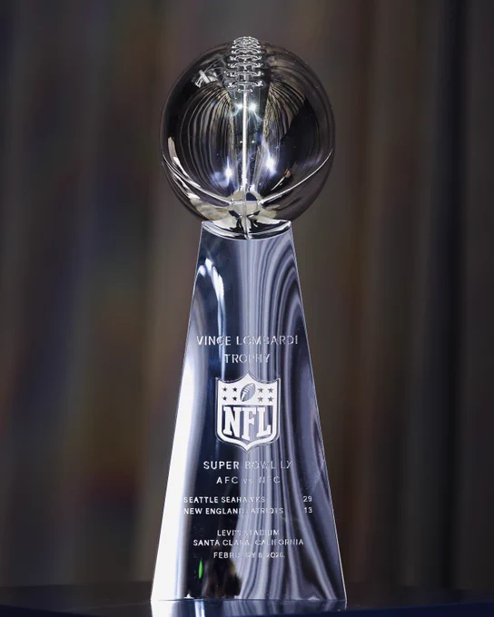 Super Bowl LX Vince Lombardi Trophy displayed at the Seahawks Ring Ceremony.