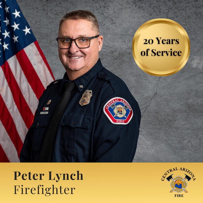 Golden graphic that includes Firefighter Lynch’s department photo with American flag. Text reads, “20 years of service”.